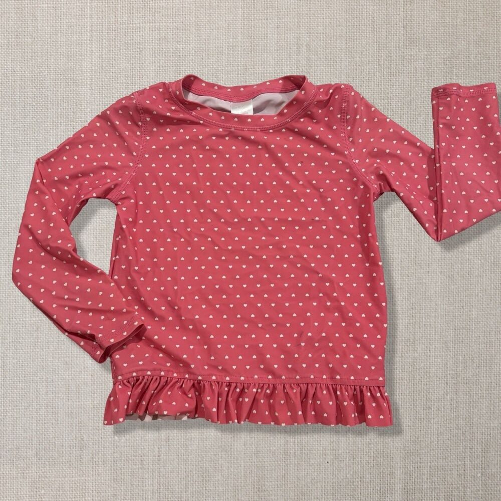RuffleButts Girls Rash Guard Top Pink White Heart Print Ruffle Hem Size 6